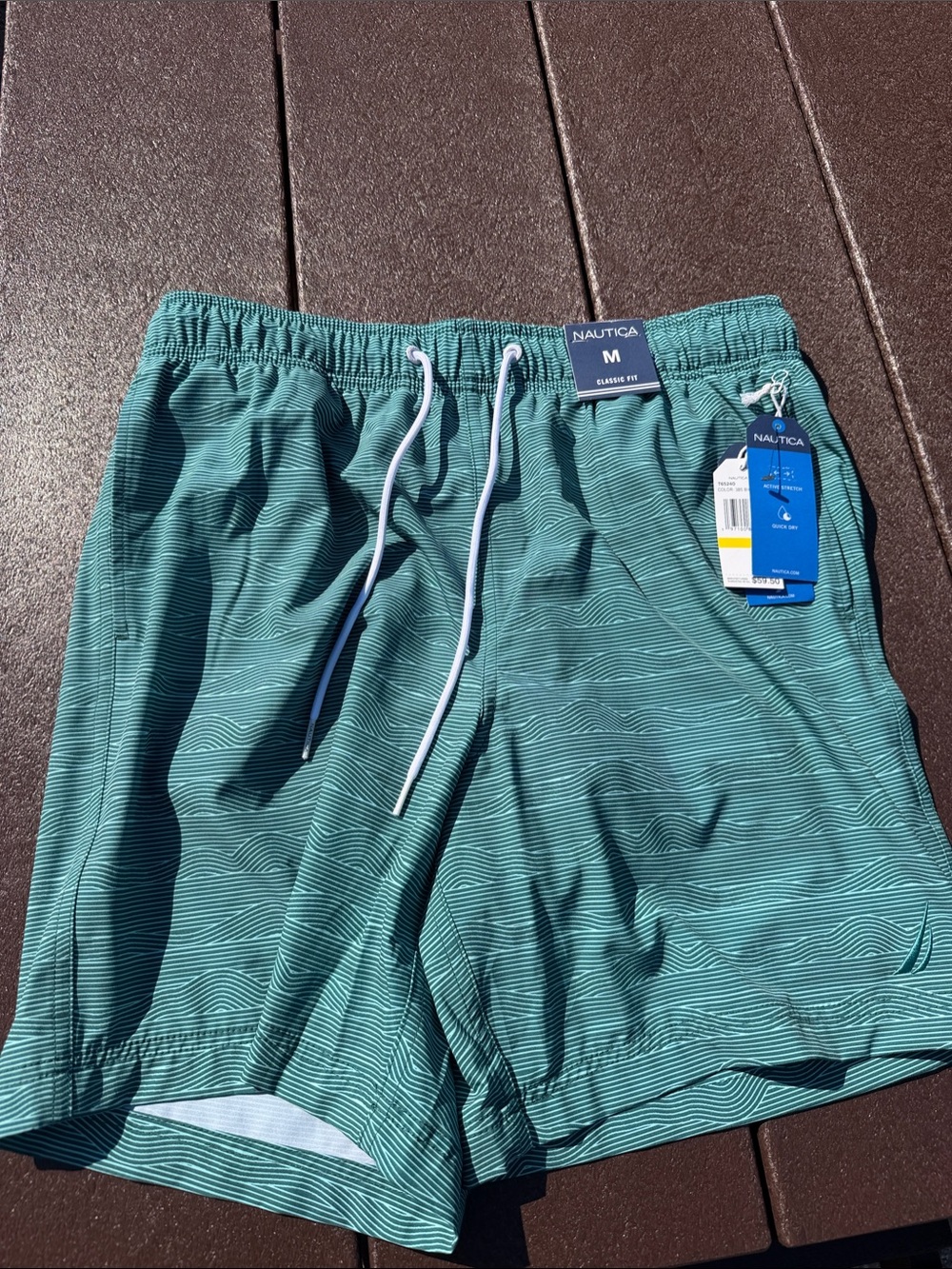 Nautica Men’s Teal Striped Swim Trunks with White Drawcord
